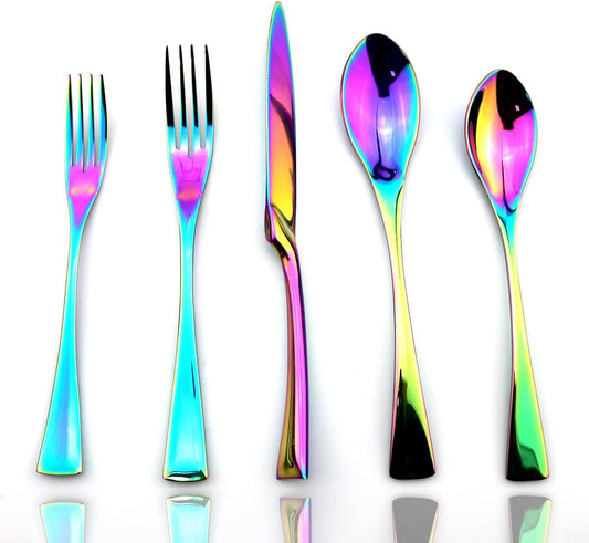 JASHII Luxury Unique Flatware Set 20-Piece | Iridescent Silverware Sets | 18/10 Stainless Steel Dinnerware Set | Utensils For 4 | Rainbow Tableware,Dinner Knife Fork w/DINNER DESSERT Spoon
