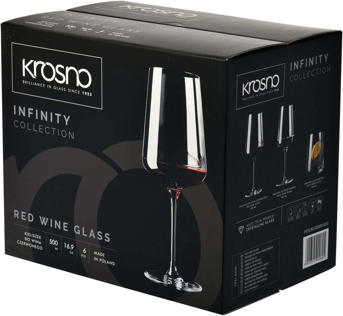 Krosno Red Wine Glasses | Elegant Design | Set of 6 | 16.9 oz | Infinity Collection | Ideal for Home, Restaurants and Receptions | Dishwasher Safe | Lead-Free Crystal Glass