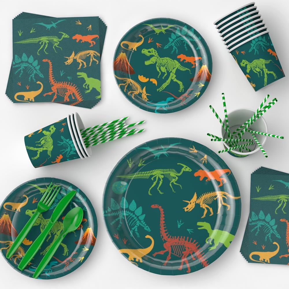 Dinosaur Plates and Napkins for Birthday Party Dino Tableware Set,Dinosaur Party Decorations Dino Plate Baby Shower,Disposable Dinosaurs Dinnerware Set with Tablecloth Cup Banner for Kids Boy Serve 24