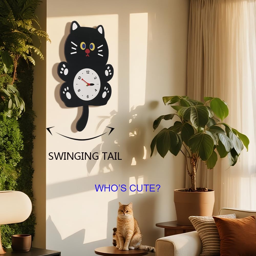 FASHION in THE CITY Cute Cat Pattern Tail Swing Wall Clock - Pendulum Design for Kids' Room, Living Room, Bedroom - Decorative & Quiet Analog Clock for Home Decoration(YBZ001-Black)