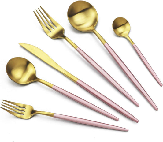 JASHII Luxury 18/10 Pink Handle Flatware Gold Silverware Set 304 Stainless Steel Flatware Cutlery Set| 24-Piece Adaline Royal Modern Satin Finish| BEST Birthday Wedding Gift (Pink Handle Matte Gold)