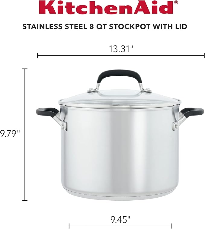 KitchenAid 71022 Stainless Steel Stockpot with Measuring Marks and Lid, 8 Quart - Brushed Stainless Steel