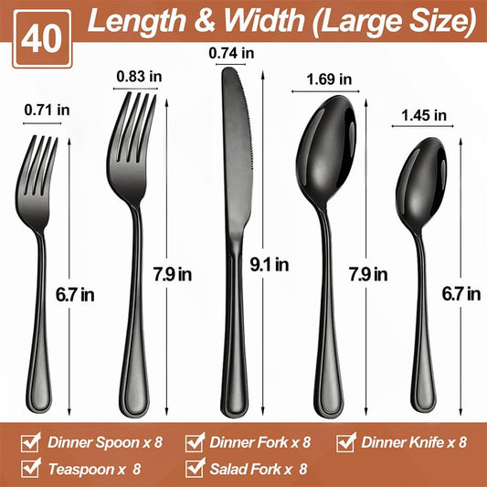 40 Pcs Black Silverware Set for 8 with Simple Striped Handle Design, Food Grade Stainless Steel Flatware Set, Eating Utensils Sets Include Fork/Knife/Spoon, Cutlery Set, Dishwasher Safe