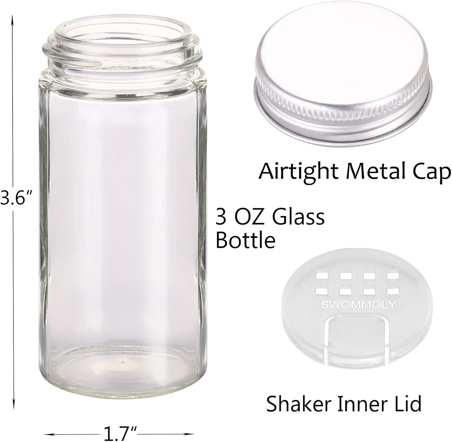 Spice Rack Organizer with 24 Empty Round Spice Jars, 396 Spice Labels with Chalk Marker and Funnel Complete Set, SWOMMOLY Spice Rack for Cabinet, Countertop or Wall Mount, Silver