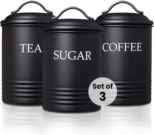 Kitchen Canister Set of 3 Sugar Coffee Tea with lids Food Storage, Black