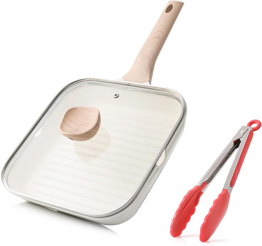 Kordisen Nonstick Grilling Pan with Lid for Stove Tops, 9.5 Inch Square Grill Pan for Indoor Cooking, Healthy Coating Grill Skillet with Pour Spouts, Versatile Griddle, Induction Steak Pan, White