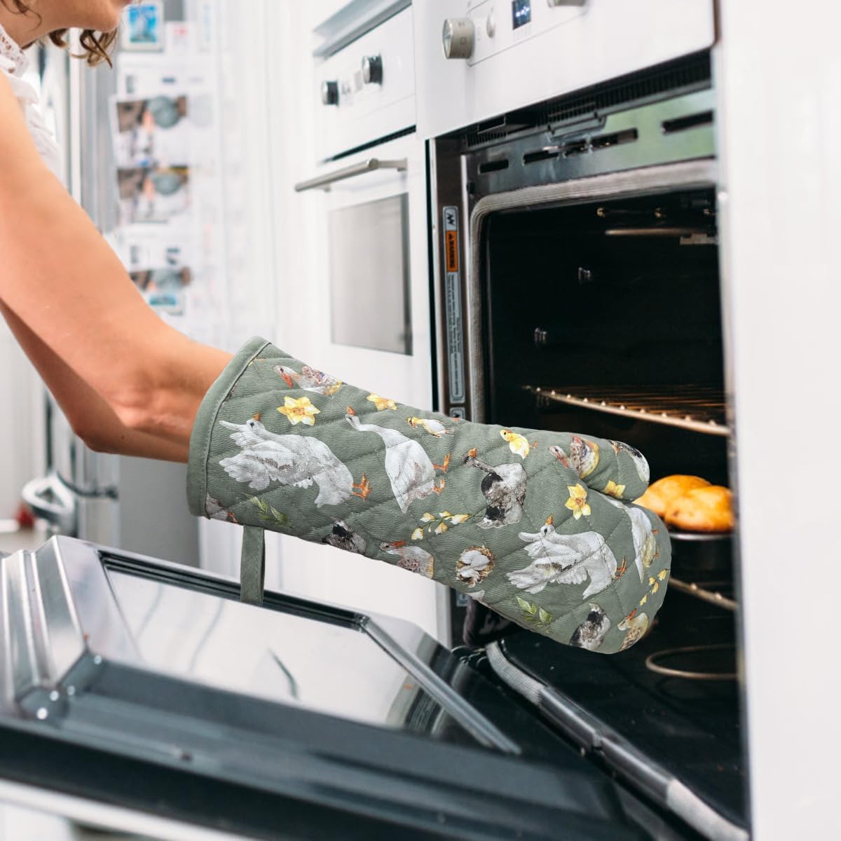 Oven Mitts Cotton Fashion Cute Teal Design 1pair Heat Resistant Oven Gloves Safe Cooking Baking Grilling Barbecue Machine Washable Pot Holders (Teal)