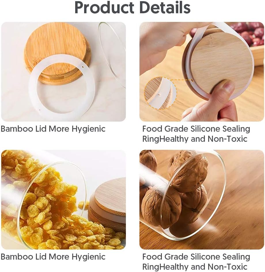 Glass Jars 9OZ, 12 Set with Bamboo Airtight Lids and Labels, Food Cereal Storage Large Spice Containers for Home Kitchen Tea Coffee Flour Herbs Grains