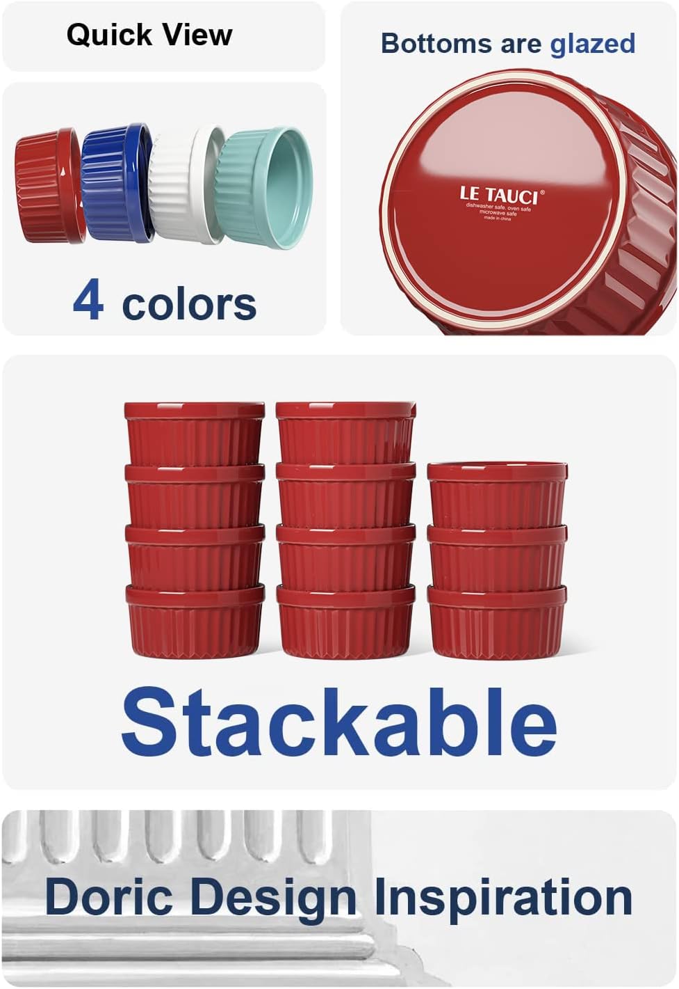 LE TAUCI Ramekins 4 OZ Oven Safe, Creme Brulee Ramekins, Pudding Custard Cups Souffle Ramiken, Dipping Sauce Dishes, Ceramic Ramekin Bowls Set of 6, True Red
