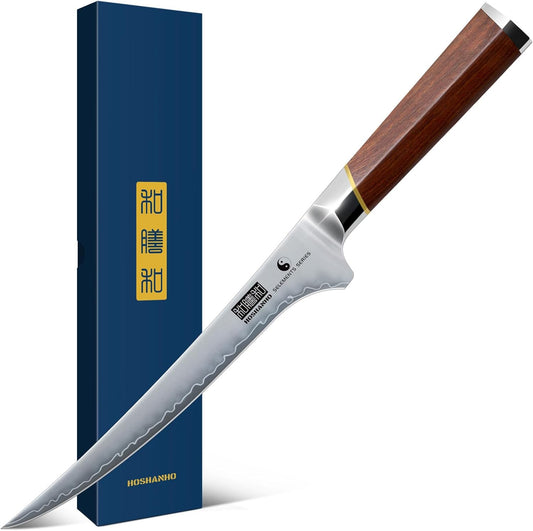 HOSHANHO Fillet Knife 7 Inch, Japanese High-carbon Steel Boning Knife for Meat Chicken Cutting, Razor Sharp Fish Fillet Knives with Ergonomic Red Sandalawooden Handle