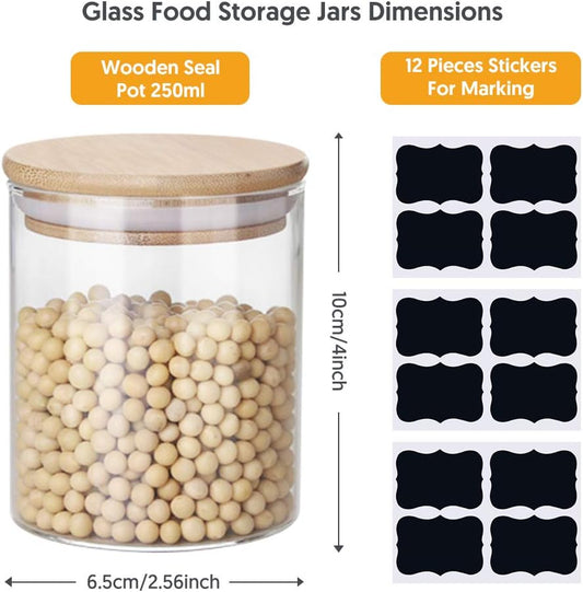 Glass Jars 9OZ, 12 Set with Bamboo Airtight Lids and Labels, Food Cereal Storage Large Spice Containers for Home Kitchen Tea Coffee Flour Herbs Grains