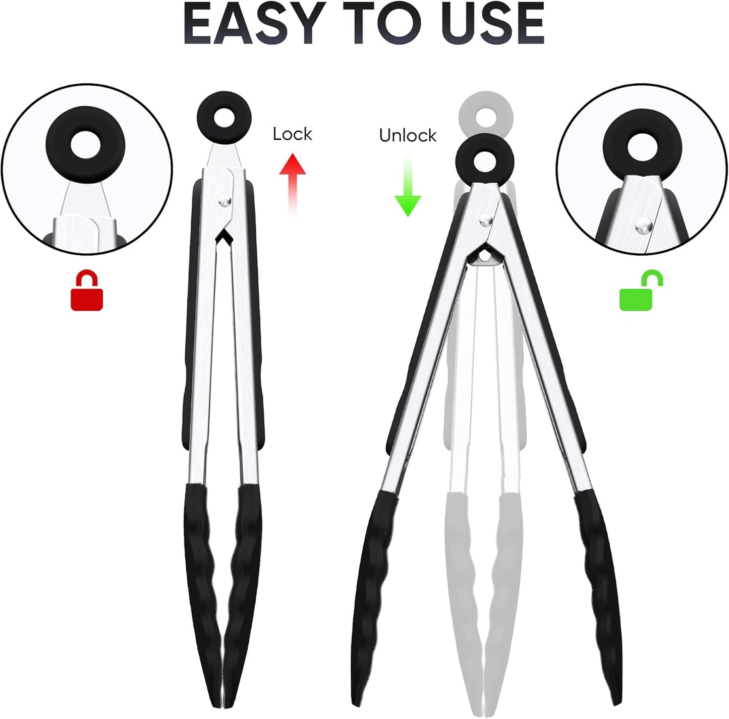 9 Inch Kitchen Tongs, Cooking Tongs with Silicone Tips and Stainless Steel Handle, Non Stick Heat Resistant Tongs for Cooking, Buffet, Salad Serving (9", Black)