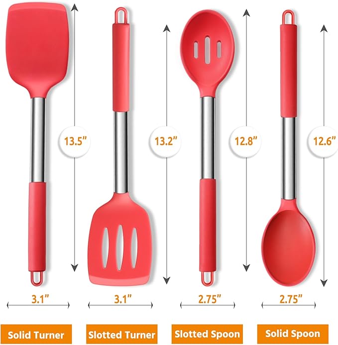 Cooking Utensils Set of 4, E-far Silicone Kitchen Utensils for Non-stick Cookware, Heat Resistant & Non-toxic Slotted Spatula Solid Spoon Turner for Flipping Mixing Serving Basting(Red)