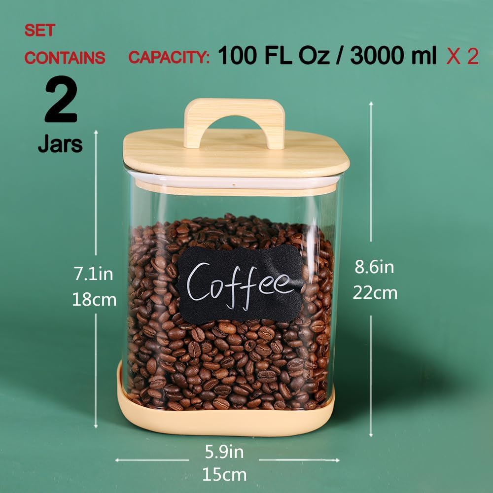 Large Glass Flour and Sugar Containers, Set of 2-100 oz Glass Laundry Pods Containers with Airtight Handle Lids, Square Glass Jars with Bamboo Lids for Laundry Room Organization (Small)