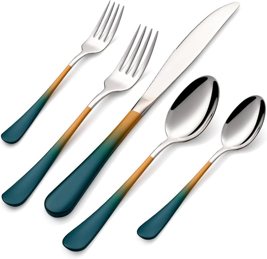 20-Pieces Green Orange Silverware Sets for 4,Green Orange Handle Stainless Steel Cutlery Set, Include Forks Spoons and Knives Set, Dishwasher Safe Utensil Sets for Home Restaurant