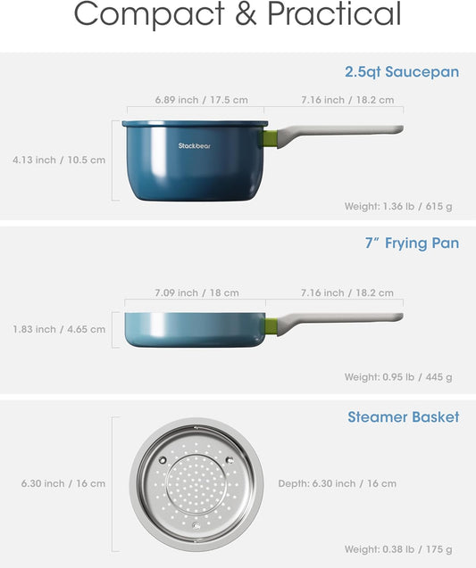 Ceramic Non Stick Cookware Set, 2.5QT Saucepan, 7" Egg Omelette Pan & 18/10 Stainless Steel Steamer, Induction Ready Frying & Sauce Pan Set, PTFE, PFOA & PFAS Free, Mix Blue