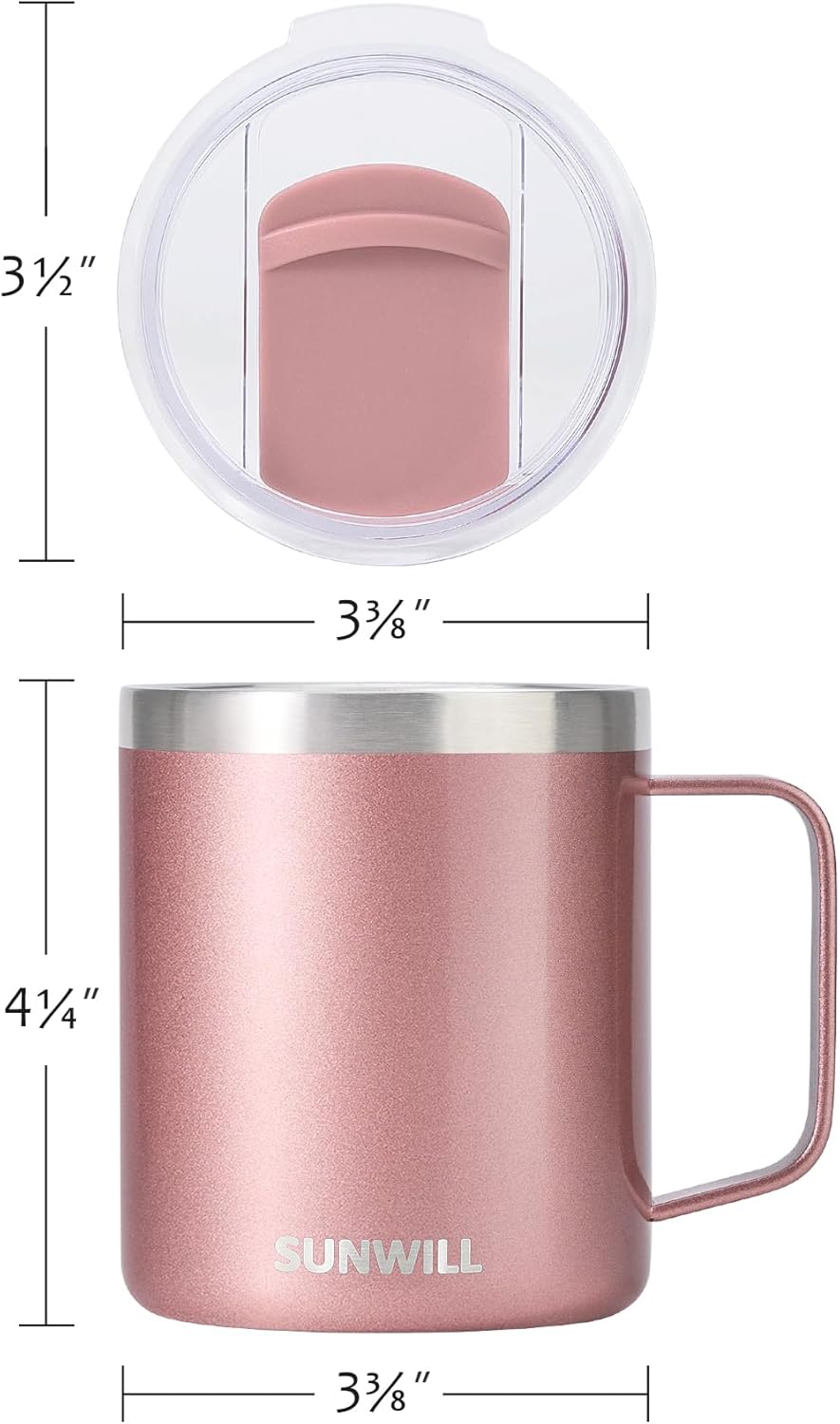 SUNWILL Travel Coffee Mug with Lid, Insulated Tumbler with Handle, 14 oz Stainless Steel Cup Set of 2 for Camping, Outdoor, Cool Grey & Rose Gold 2 Pack