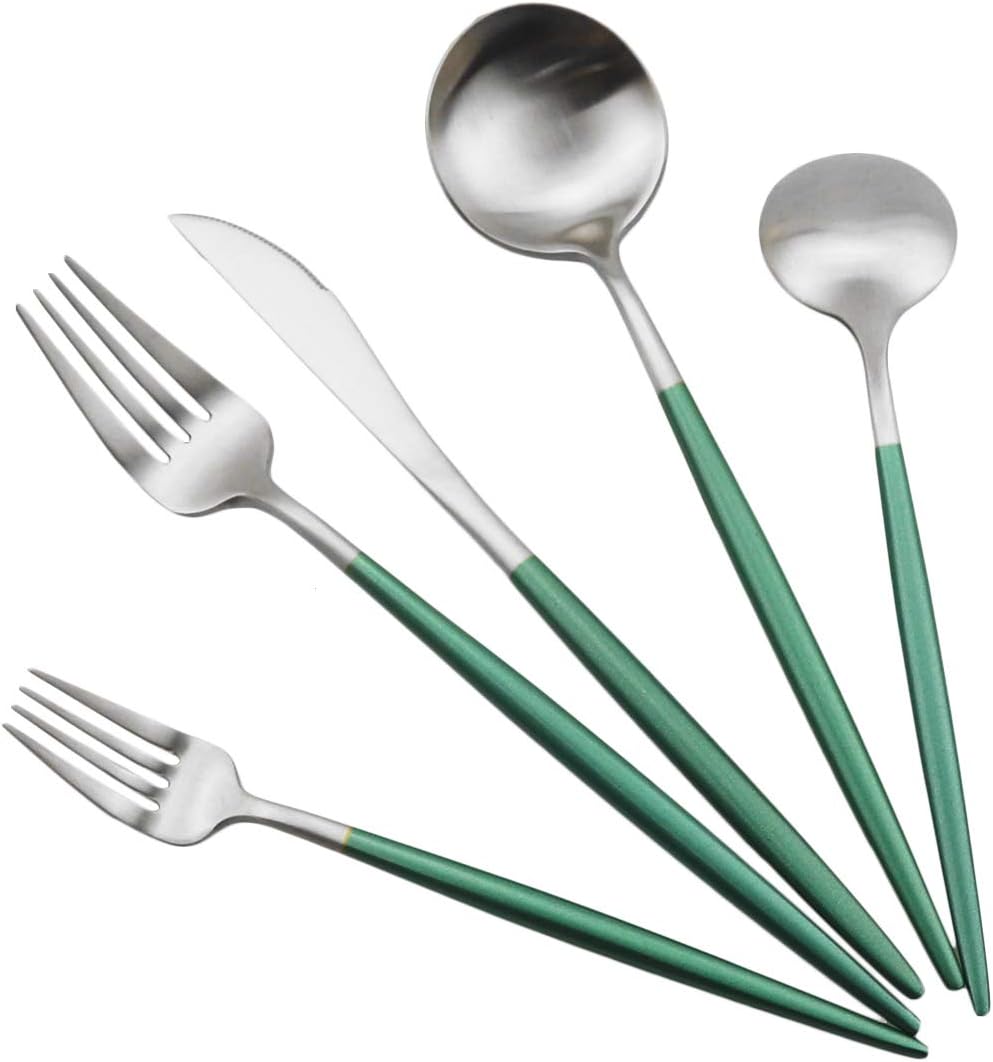 Gugrida Luxury Flatware, Royal 5 Piece Matte White Handle 18/10 Stainless Steel Tableware Sets for 1 Including Forks Spoons Knives, Camping Silverware Travel Utensils Set Cutlery (Green Silver)