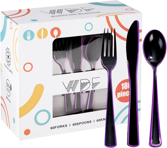 WDF 180 Pieces Black and Purple Halloween Plastic Silverware - Black Flatware Set Include 60 Forks, 60 Knives and 60 Spoons Heavy Duty Plastic Cutlery Purple Utensils for Halloween Party/Birthday