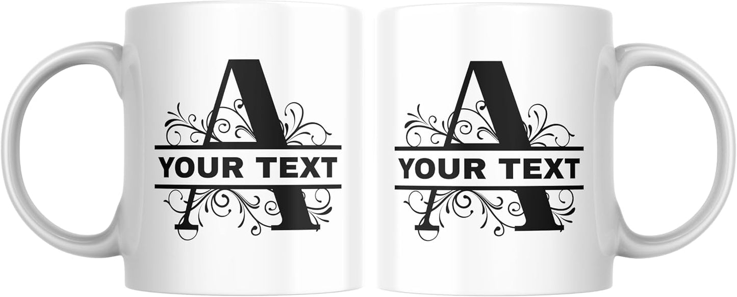Customizable 11oz Coffee Mug - Sublimated Printed Mugs with Personalized Text, Names, and Initials. Perfect as Gifts for Men and Women for Birthdays (White Mug) (Monogram Black)