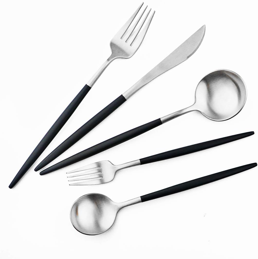 Gugrida Luxury Flatware, Royal 20 Piece Matte Black Handle 18/10 Stainless Steel Tableware Sets for 4 Including Forks Spoons Knives, Camping Silverware Travel Utensils Set Cutlery (Black Silver)