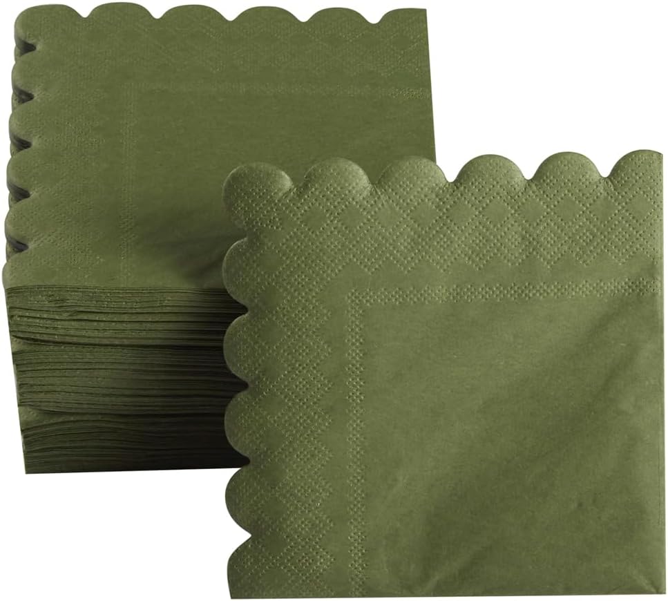 100 Pack Cocktail Napkin 2-Ply Scalloped Edged Dessert Napkins Folded 5 x 5 Inches Disposable Napkins for Dinner Wedding Birthday Party Bridal Anniversary Reception Event (Green)