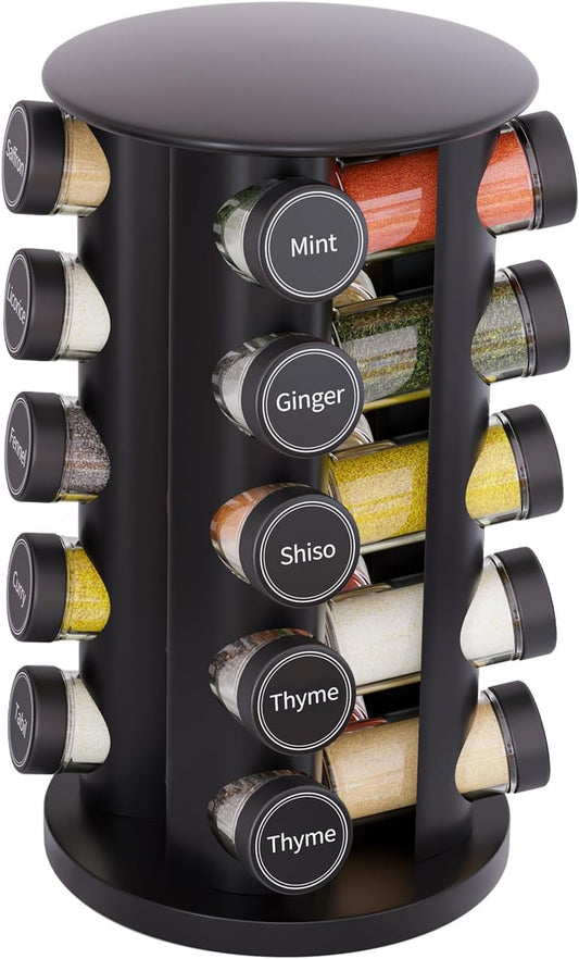 New England Stories Revolving Spice Rack Set with 20 Spice Jars, Kitchen Spice Tower Organizer for Countertop or Cabinet - Carousel Storage Includes 386 Spice Labels (Black)