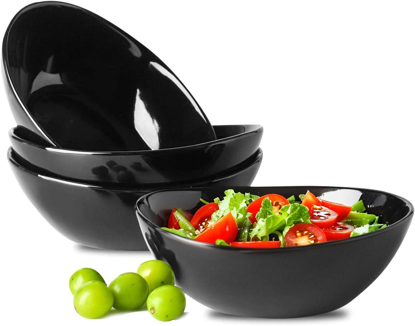 Hasense Serving Bowls, 28 oz Salad Bowls Porcelain Serving Dishes Set of 4 for Salads，Cereal,Soup,Pasta, Microwave and Dishwasher Safe, Black