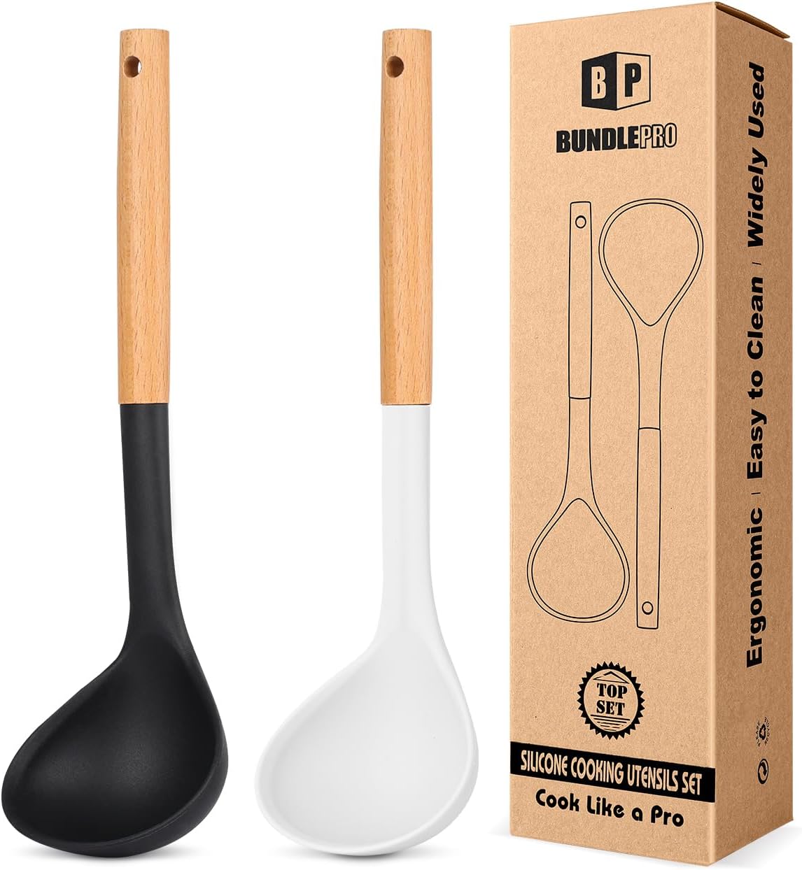 Pack of 2 Soup Ladle, Silicone Ladle Spoon with Wooden Handle, Large Non Stick High Heat Resistant Kitchen Utensils for Cooking, Stirring, Serving Soups(BLACK-WHITE)