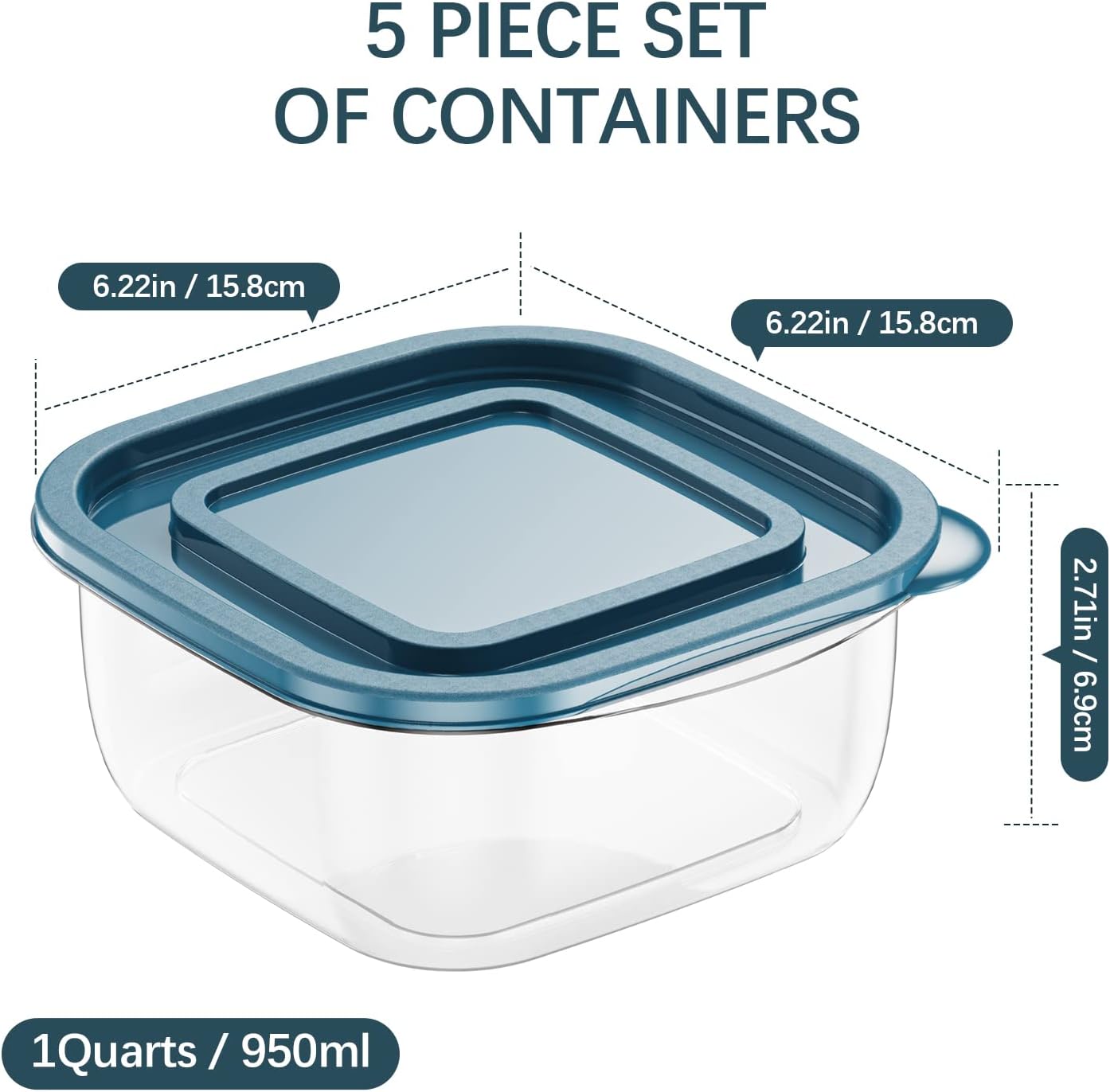5PCS Rectangle Plastic Portion Box Sets with Lids.Food Storage Box,Container Sets,Food Storage,Food Containers,Plastic Food Container,use for School,Work and Travel,950ML Per Box.