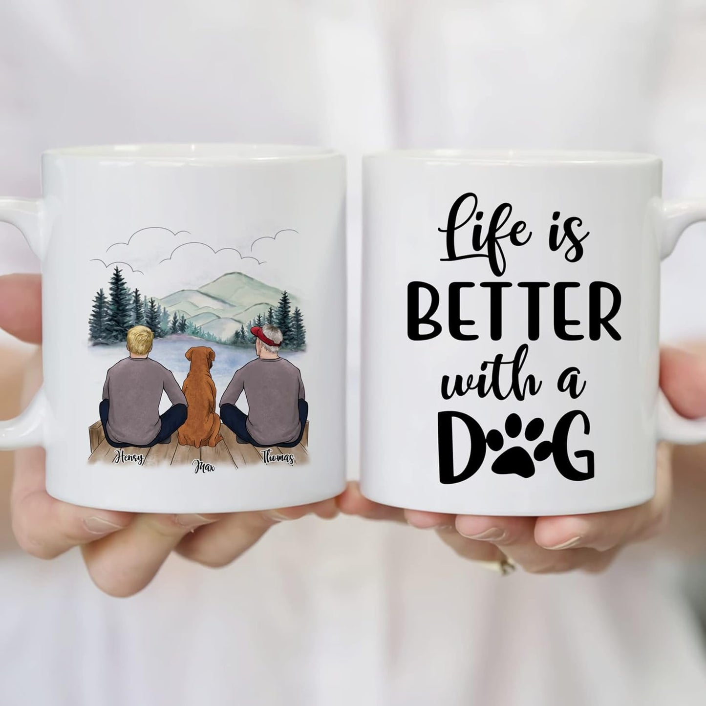 Gossby Personalized Dog Mug - Life is Better with a Dog (2 Men - Dog) - 11oz, 15oz Custom Dog Dad Couple Mug with Names - Personalized Dog Dad Gifts for Dog Lover, Owner with Personal Touches