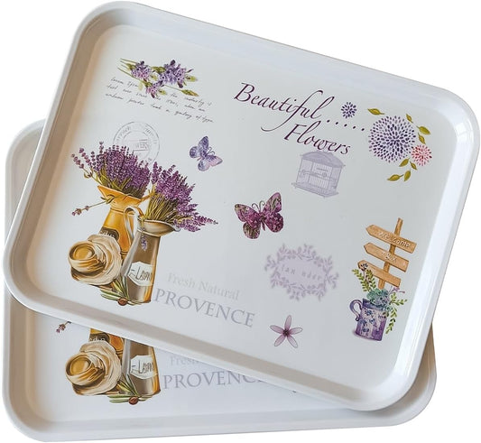 Large Serving Platter Melamine Trays 2 Pack Stackable Food Tray with Floral Print for Gift, Party, Decor, Home, Restaurant (Purple Lavender, Medium)