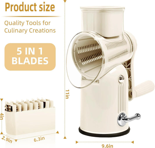 Rotary Cheese Grater with Handle, Vegetable Shredder with 5 Replaceable Blades & Strong Suction Base, Round Food Slicer & Chopper for Kitchen Fruit Vegetables Nuts with Blade Storage Box (White)