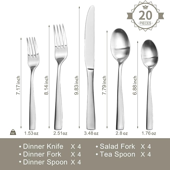 HIKAA 20-Piece Silverware Set for 4, Heavy Duty Stainless Steel Flatware Cutlery Set For Home Kitchen Restaurant Hotel, Kitchen Utensils Set, Matte Satin, Dishwasher Safe
