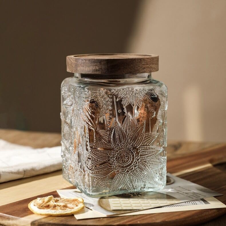 ANSQU Square Glass Jar with Lid – 25.4 oz Vintage Style Glass Food Storage Container for Kitchen Pantry, Candy, Sugar, Coffee, Cookies, Clear Kitchen Jar for Organization & Decor (Square Sunflower)