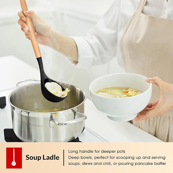 E-far Cooking Utensils Set of 6, Silicone Kitchen Utensils with Wooden Handle, Non-stick Cookware Friendly & Heat Resistant, Includes Spatula/Ladle/Slotted Turner/Serving Spoon/Spaghetti Server(Black)