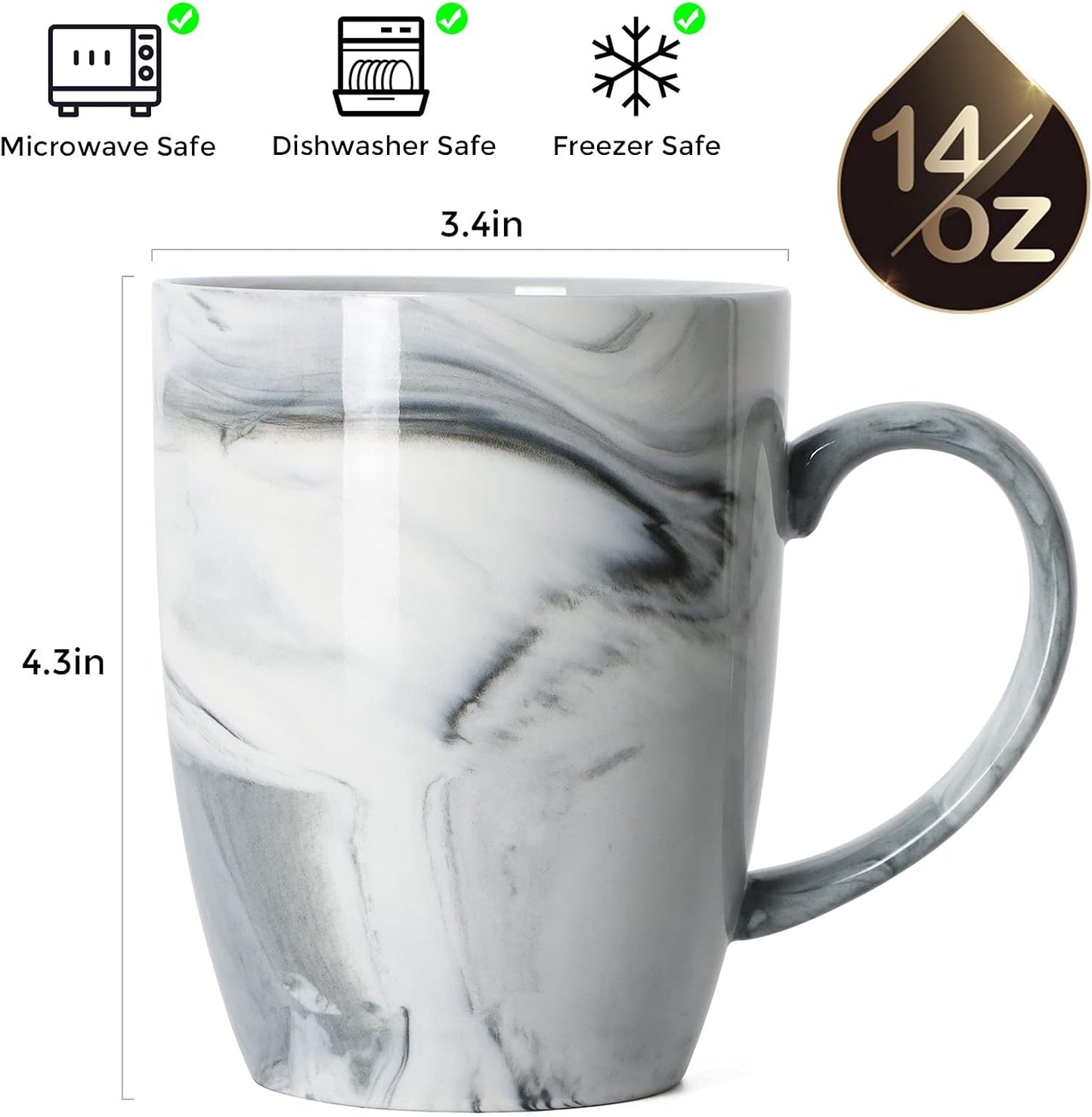 Smilatte 14 OZ Marble Coffee Mugs, M067 Novelty Marble Ceramic Cup for Home and Office, Microwave Dishwasher Safe, Set of 4, Gray