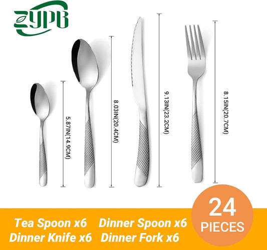 24-Piece Silvery Hammered Silverware Set, Food-Grade Stainless Steel Flatware Service for 6, Modern Cutlery Utensil Set with Forks Knives Spoons, Mirror Polished, Dishwasher Safe for Dining Restaurant