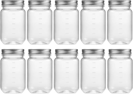 novelinks 16 oz Clear Plastic Jars with Screw-On Lids - BPA-Free Refillable Storage Containers for Slime, Food, Crafts, Kitchen & Household Use (10 Pack,Silver)