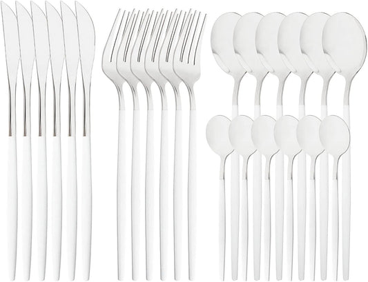 Mirror Cutlery Serving Set, 24-piece 18/0 Stainless Steel Silverware With White Handle Simple & Modern Tableware For Home Party Restaurant Christmas Dinner, Service For 6 (White Silver)