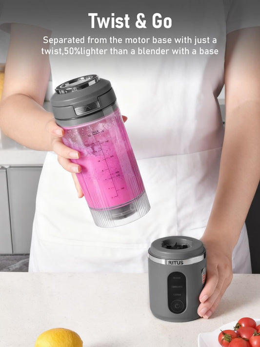 RITUS VORTEX Pro Portable Blender,Personal Blender w/Removable Vessel-for-Smoothies Blend Ice Crush 3 Programs,Cordless 20oz BPA Free Vessel Magnetic-Ring Dishwasher Safe, Leakproof，Grey
