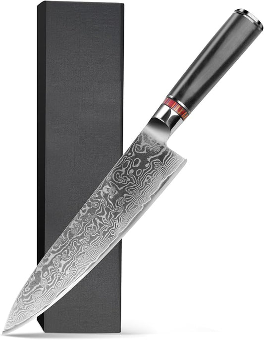 8" Damascus Chef Knife - 67-Layer Hand-Forged Blade, NSF Certified, Pakkawood Handle, Gift Box (62 HRC)