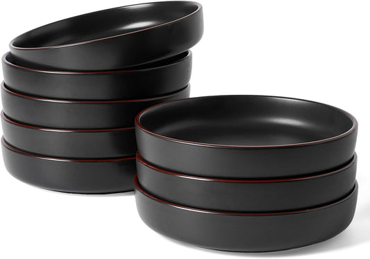 famiware Mercury Pasta Bowls Set of 8, 33 oz Large Salad Bowls, Ceramic Pasta Plates Bowls, Serving Bowls for Kitchen, Microwave & Dishwasher Safe, Black