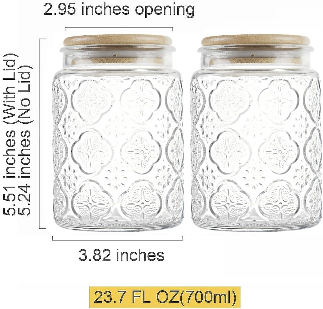Glass Storage Jars With Airtight Lid, 23.7oz Canister For Kitchen Counter with Bamboo Lid, brown sugar, candy, coffee, cookie, salt, tea,pantry cute Jar (Begonia Flowers*2)