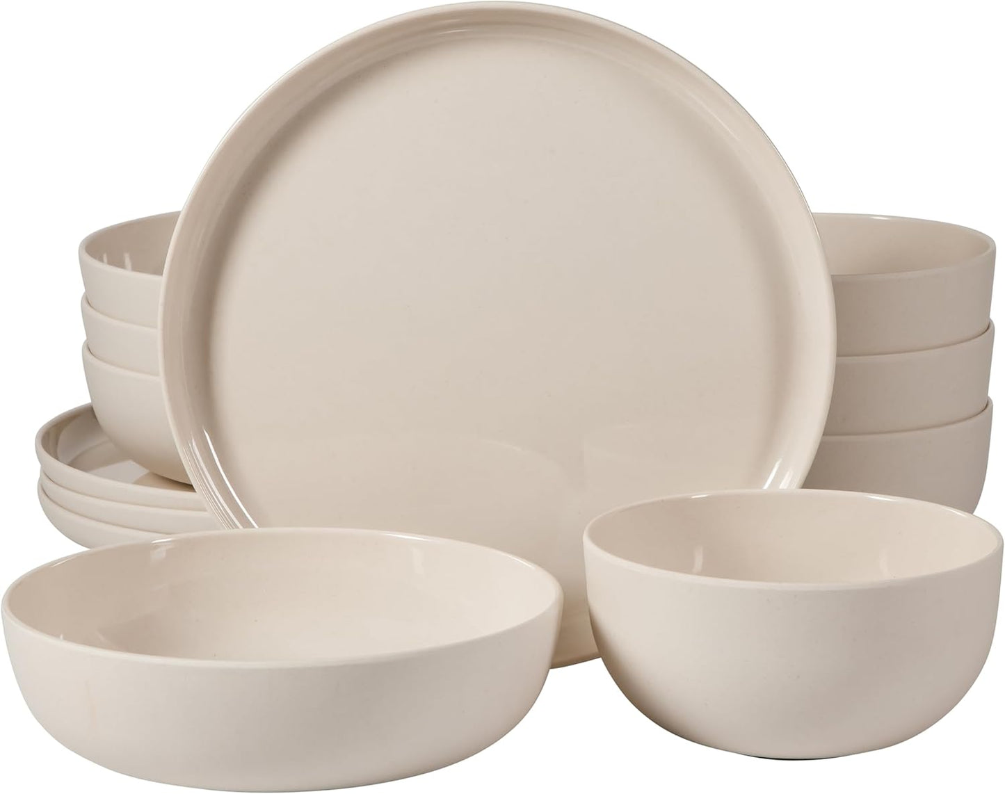 Gibson Home Candy Skies 12 Piece Unbreakable Wheat Straw Melamine Plates and Bowls Dinnerware Set - Outdoor, Camping, & Everyday Use - Matte Exterior/Shiny Interior Taupe Cream