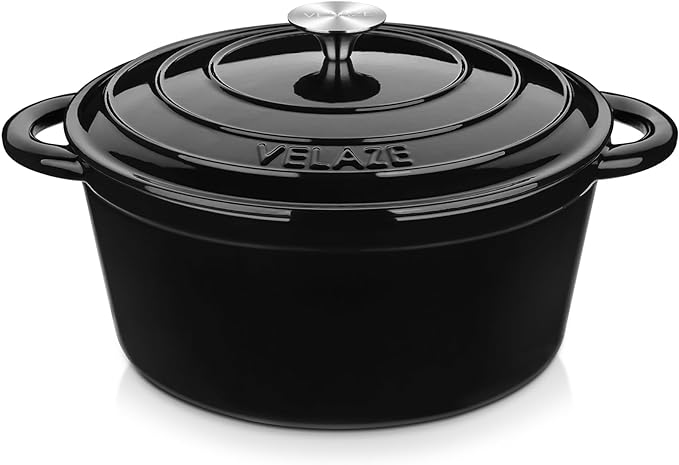 Velaze 7.5 QT Dutch Oven Pot with Lid, Enameled Cast Iron Dutch Oven with Dual Handles for Sourdough Bread Baking, Cooking, Non-stick Enamel Coated Cookware (Black)