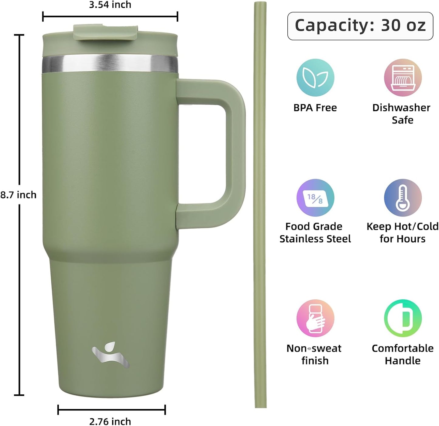 30 oz Tumbler with Handle and 2 Straws,2 in 1 Lid Insulated Water Bottle Stainless Steel Travel Coffee Mug,Army Green