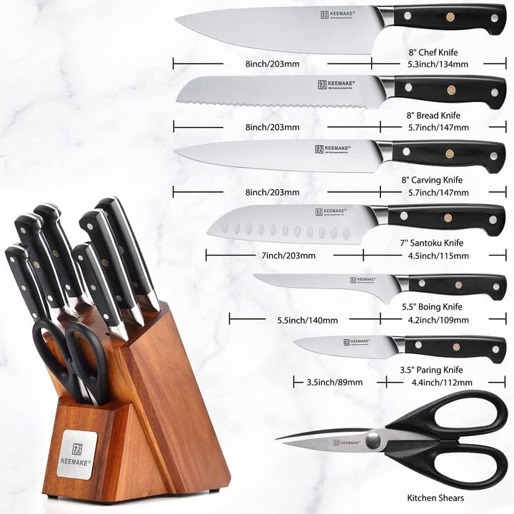 KEEMAKE Kitchen Knife Set with Block, 8Pcs Razor Sharp Chef Knife Set, High Carbon Stainless Steel Knife Block Set with Kitchen Scissors, Cooking Knife Set for Meat Vegetable Fruit