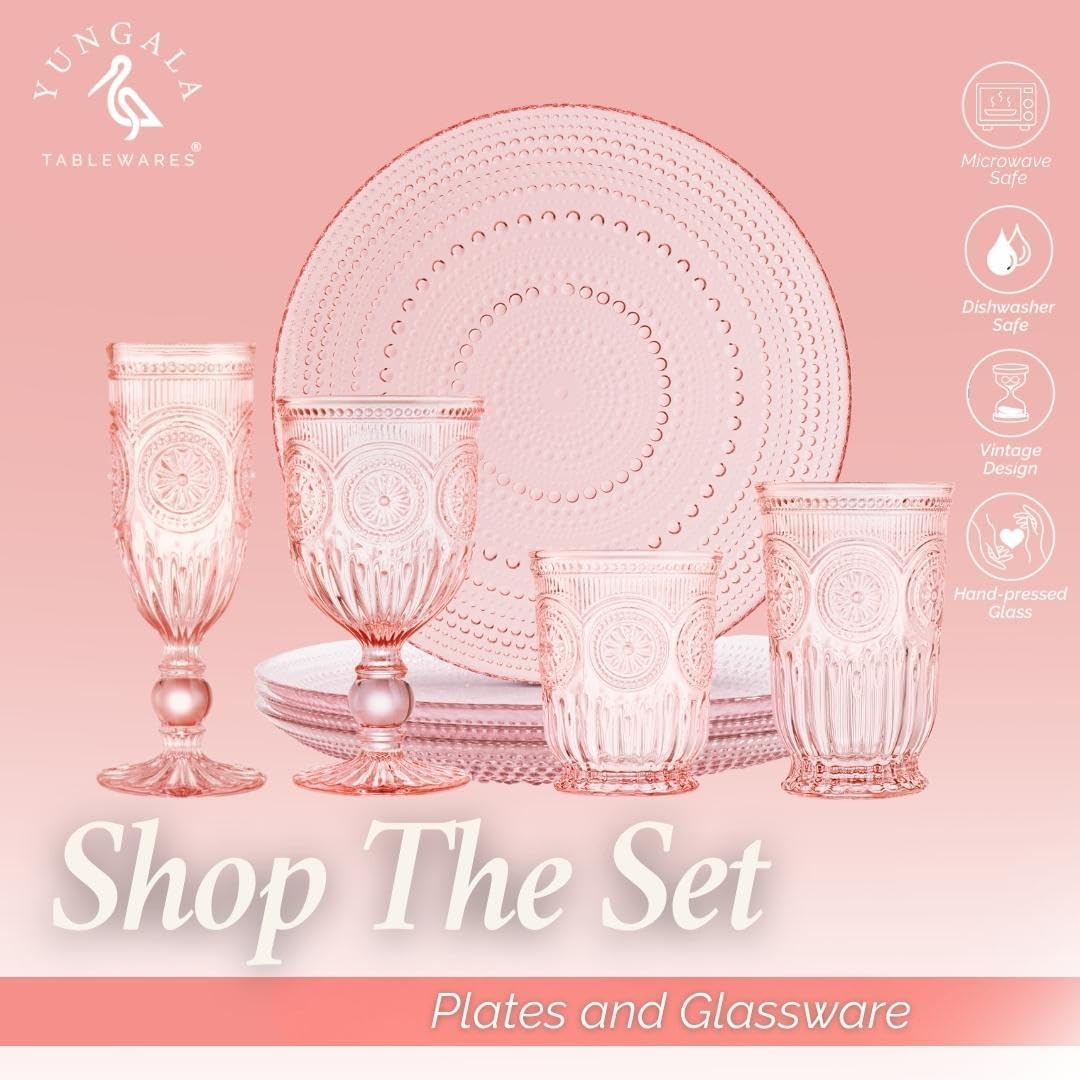 Yungala Pink Hobnail Plates, Set of 4 Glass Vintage 10.5” Dinner Plates that are Dishwasher Safe