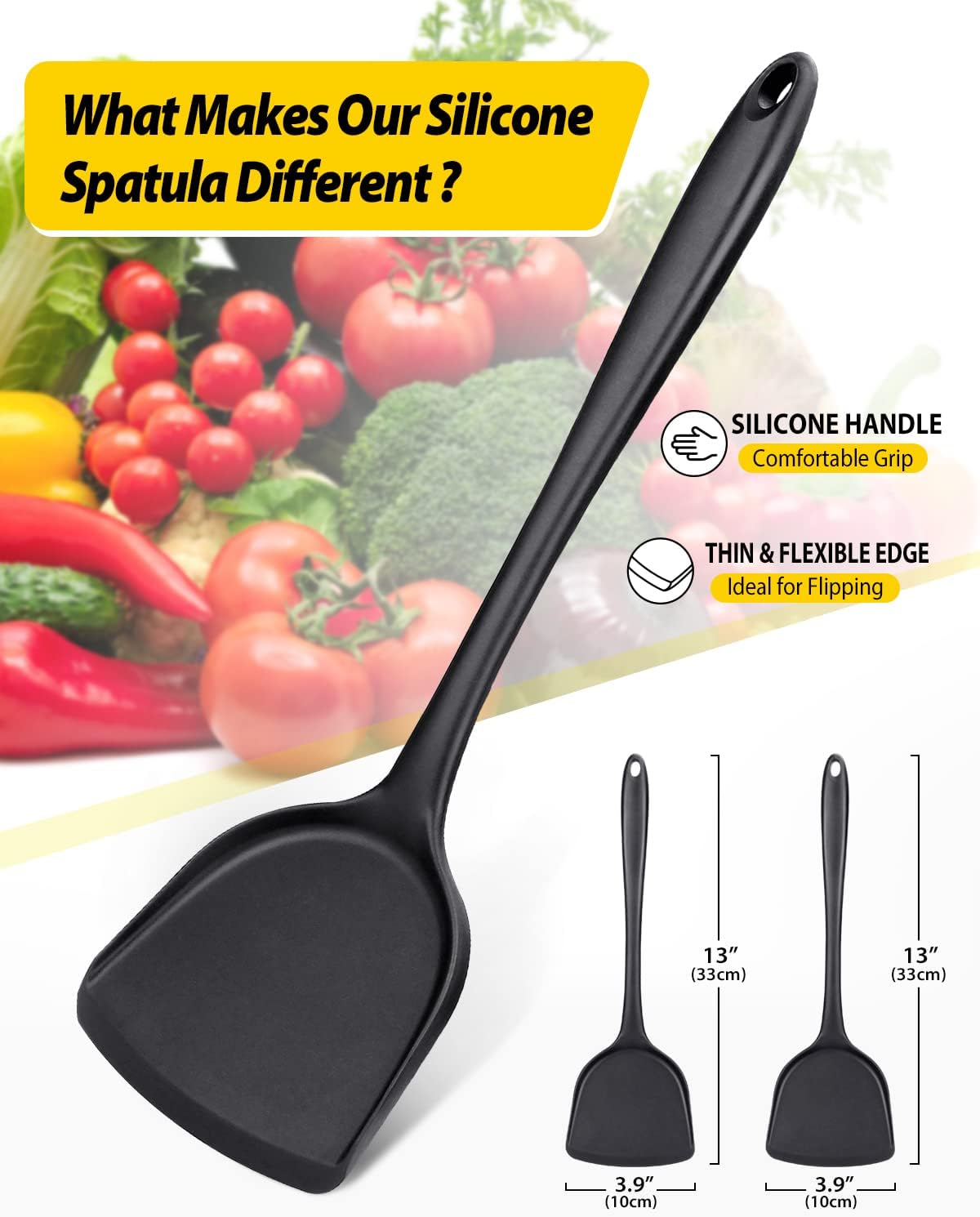 Pack of 2 Silicone Wok Spatula, Non-Stick, Heat Resistant, Easy to Clean and Dishwasher Safe, Seamless Kitchen Utensil for Cooking, Baking, Stir-Fry (Black)